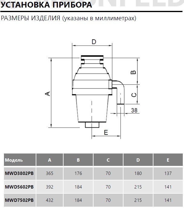 картинка Измельчитель пищевых отходов с пневмокнопкой MAUNFELD MWD3802PB 